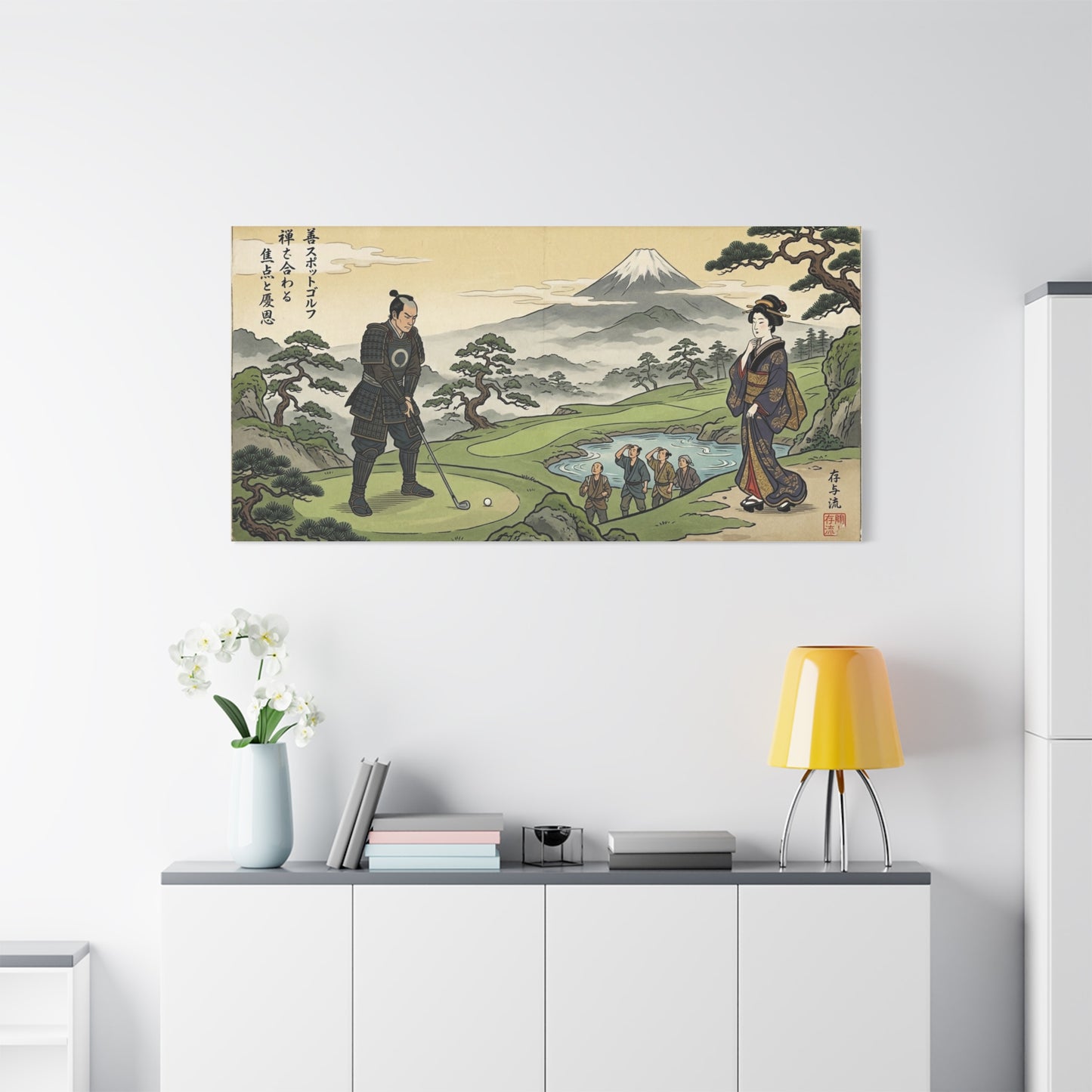 Vintage Japanese Ukiyo-e Canvas Print — Samurai Playing Golf with Mount Fuji