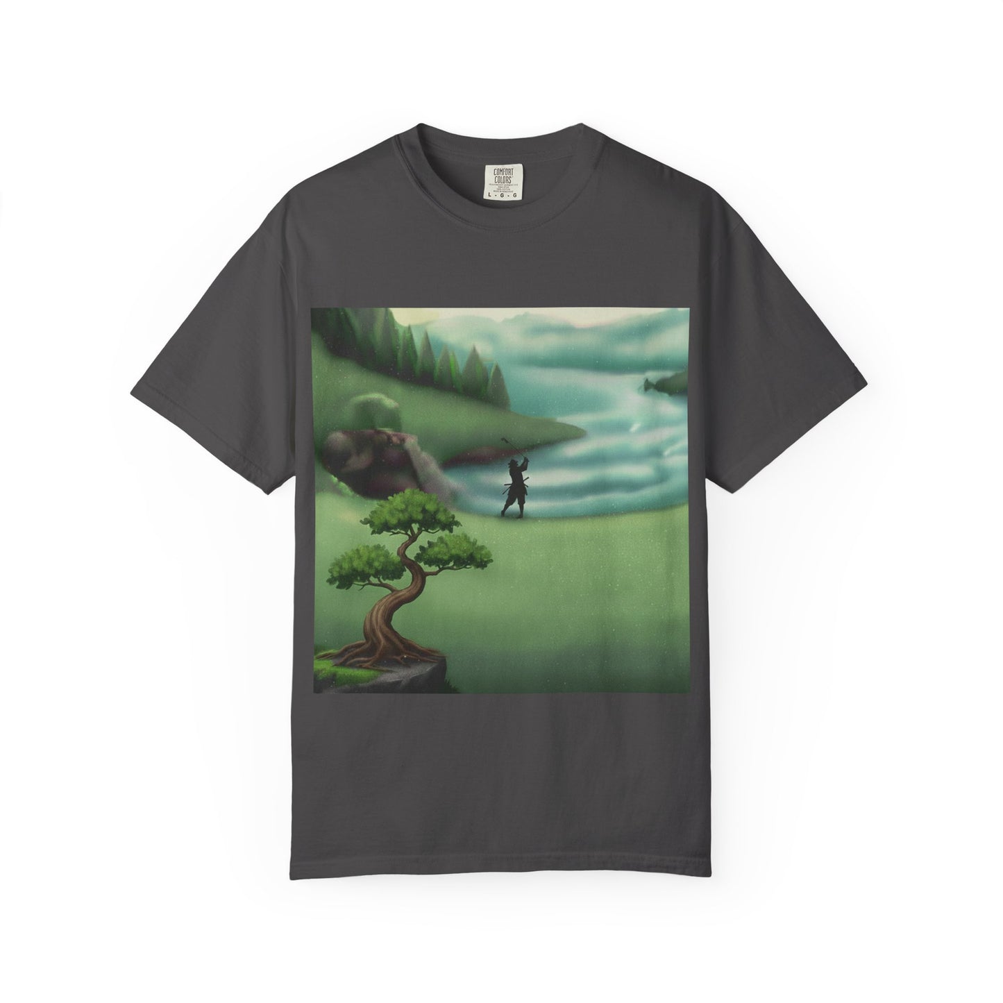 Golf Course Landscape T‑Shirt — Serene Golfer by Lake Graphic Tee