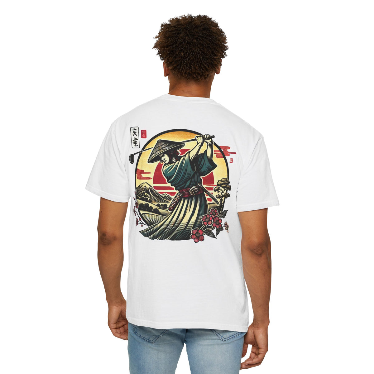 Samurai Golfer Sunset Chest and Back Design Graphic T-Shirt