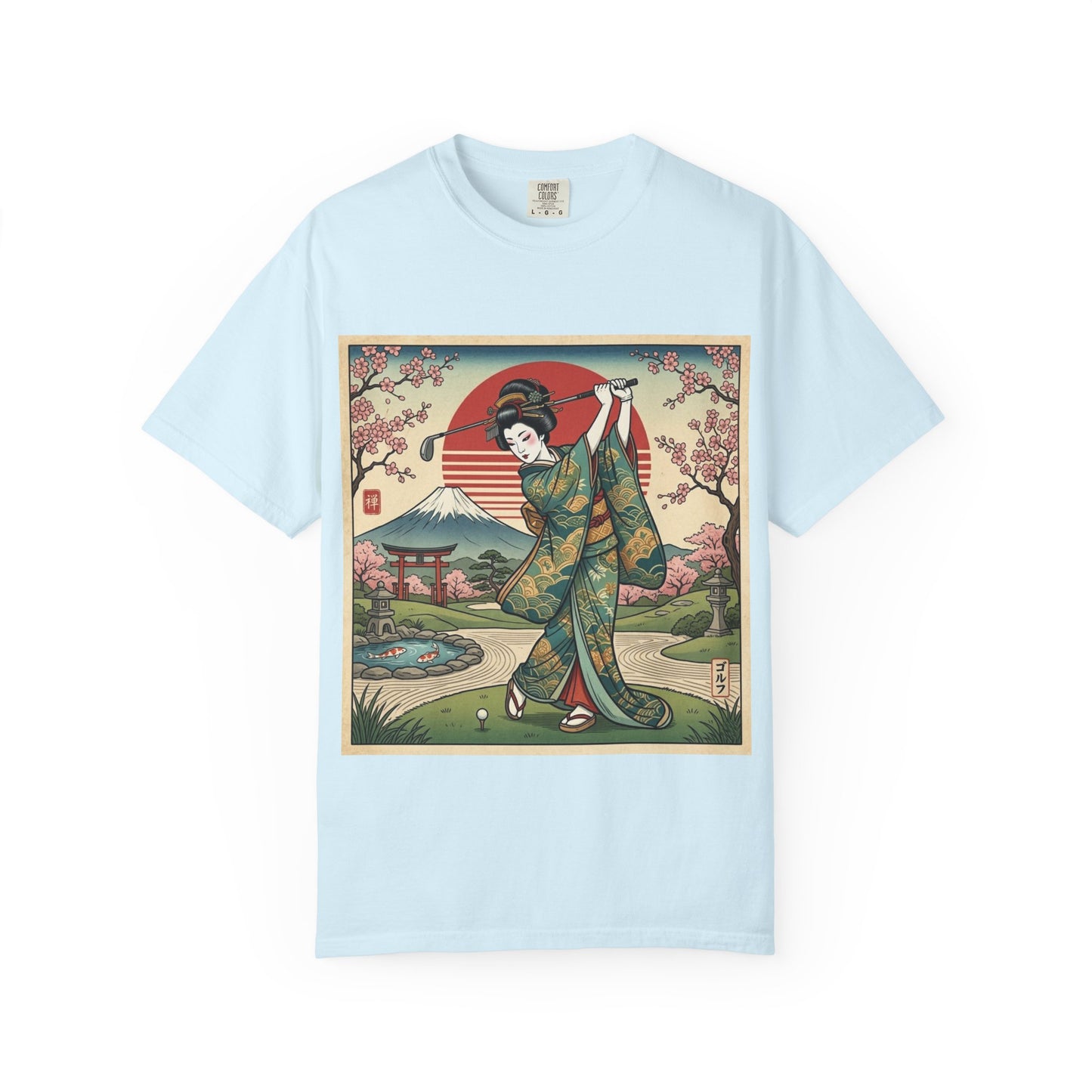 Zen Spot Golf Custom Vintage Japanese Kimono Geisha Golfer Sunset Graphic T-Shirt