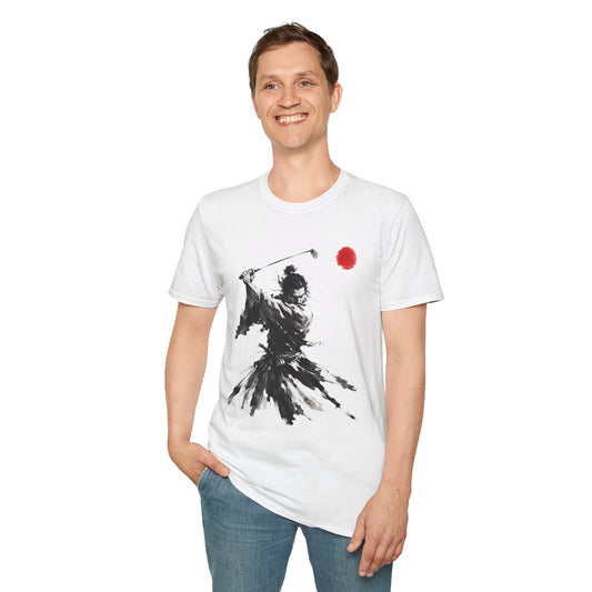 Samurai Golfer T-Shirt — Ink Brush Warrior Swing with Red Sun