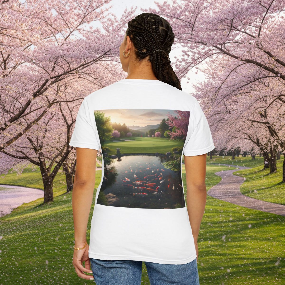Enso Circle Chest Design Koi Pond Landscape Back Graphic T-Shirt