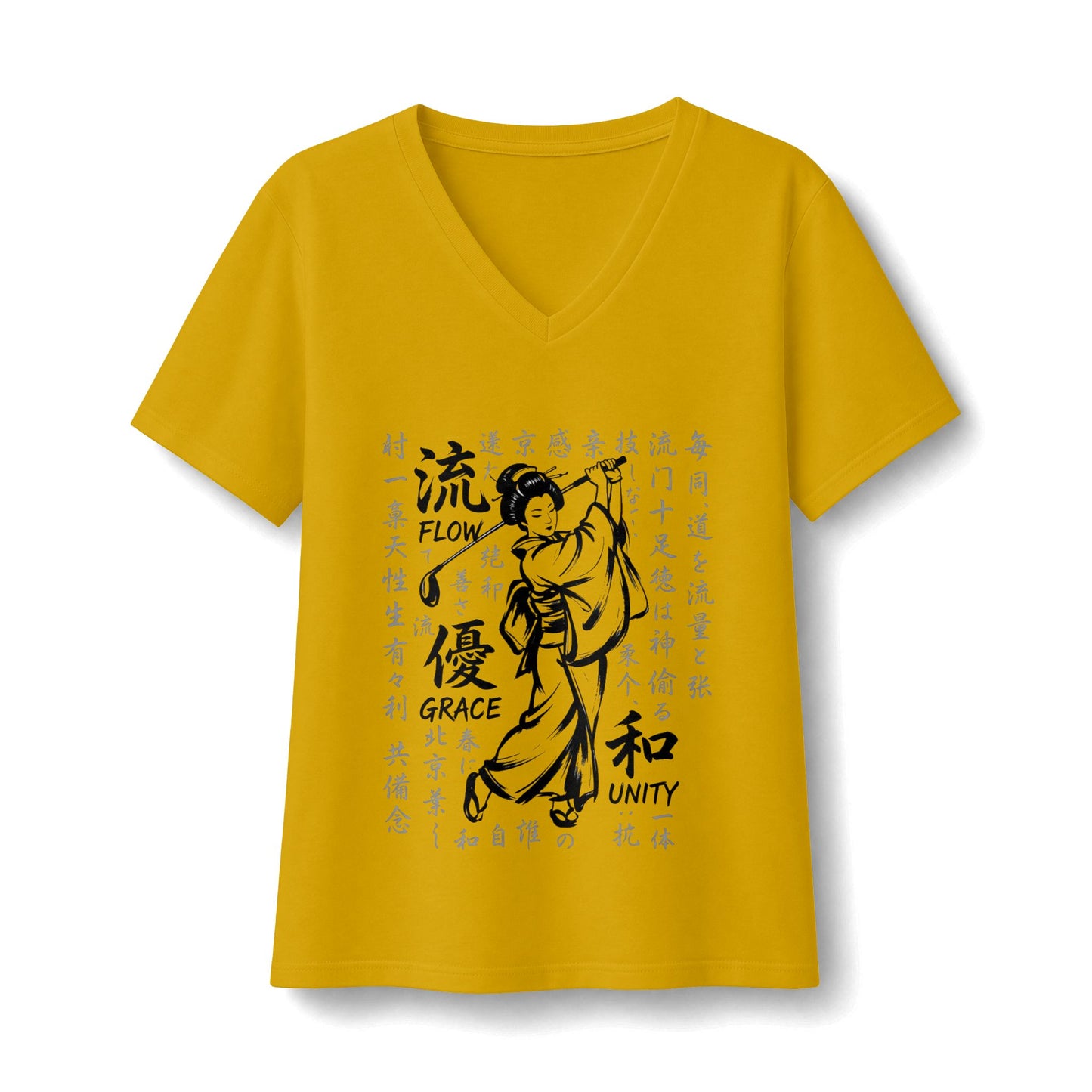 Zen Spot Golf Custom Geisha Kanji Flow, Grace, & Unity V-Neck Tee