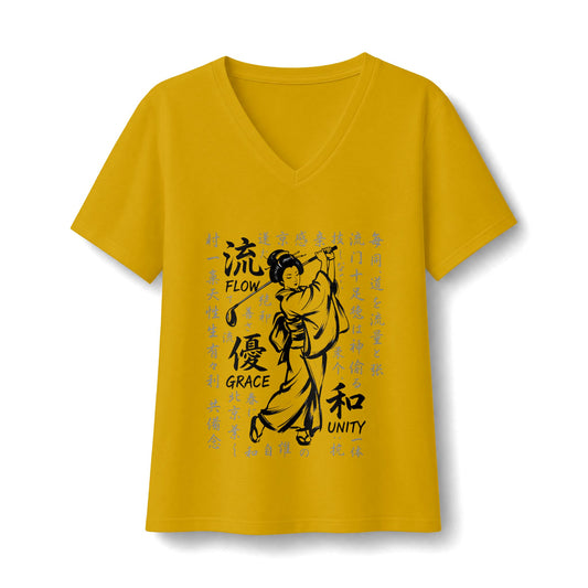 Zen Spot Golf Custom Geisha Kanji Flow, Grace, & Unity V-Neck Tee