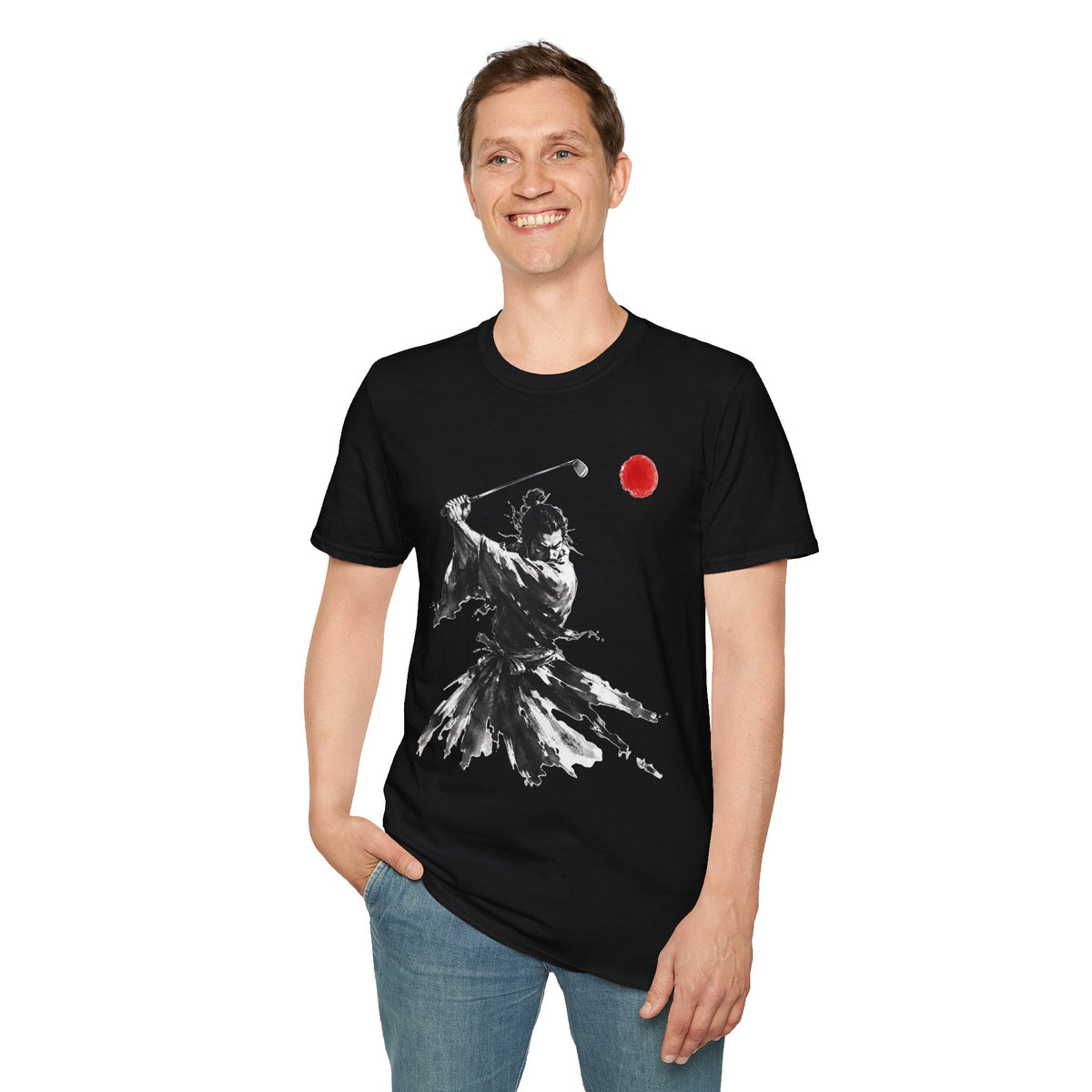 Samurai Golfer T-Shirt — Ink Brush Warrior Swing with Red Sun