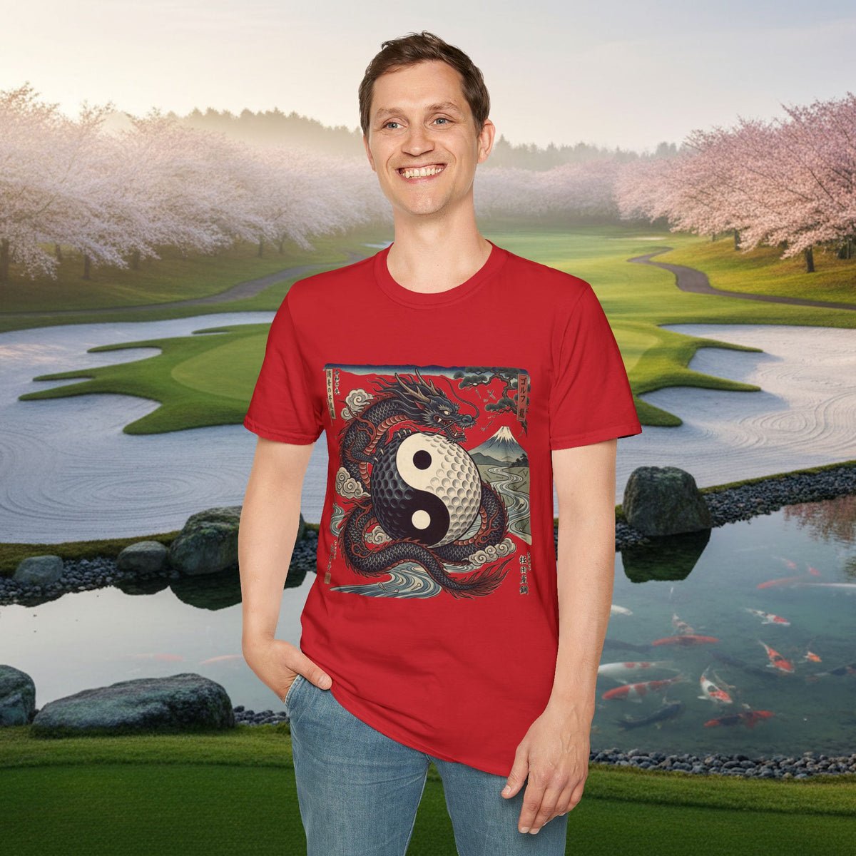 Yin Yang Dragon Golf T‑Shirt — Japanese Wave & Mt. Fuji Graphic Tee