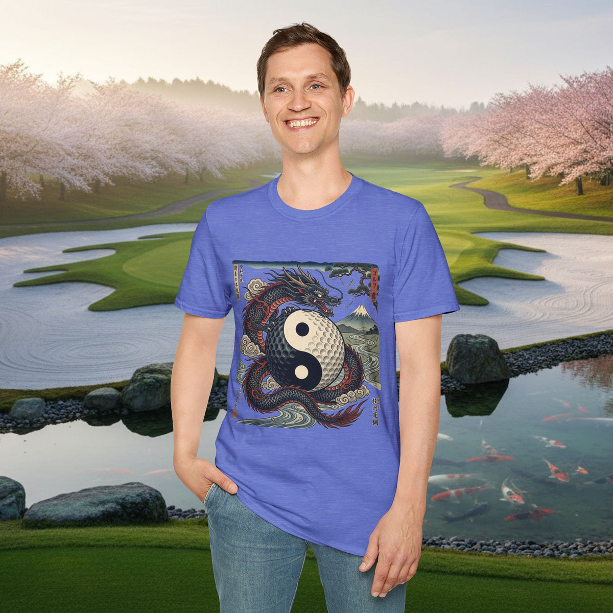 Yin Yang Dragon Golf T‑Shirt — Japanese Wave & Mt. Fuji Graphic Tee