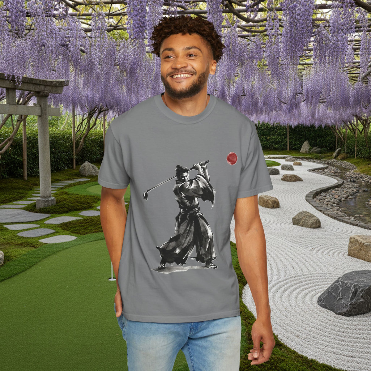 Samurai Golf T-Shirt — Sumi-e Brushstroke Golfer with Red Sun