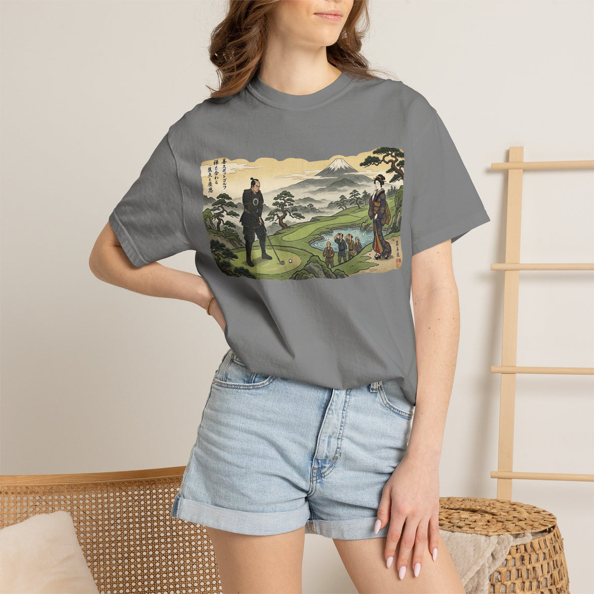 Vintage Samurai Golfer Mount Fuji Landscape Graphic T-Shirt