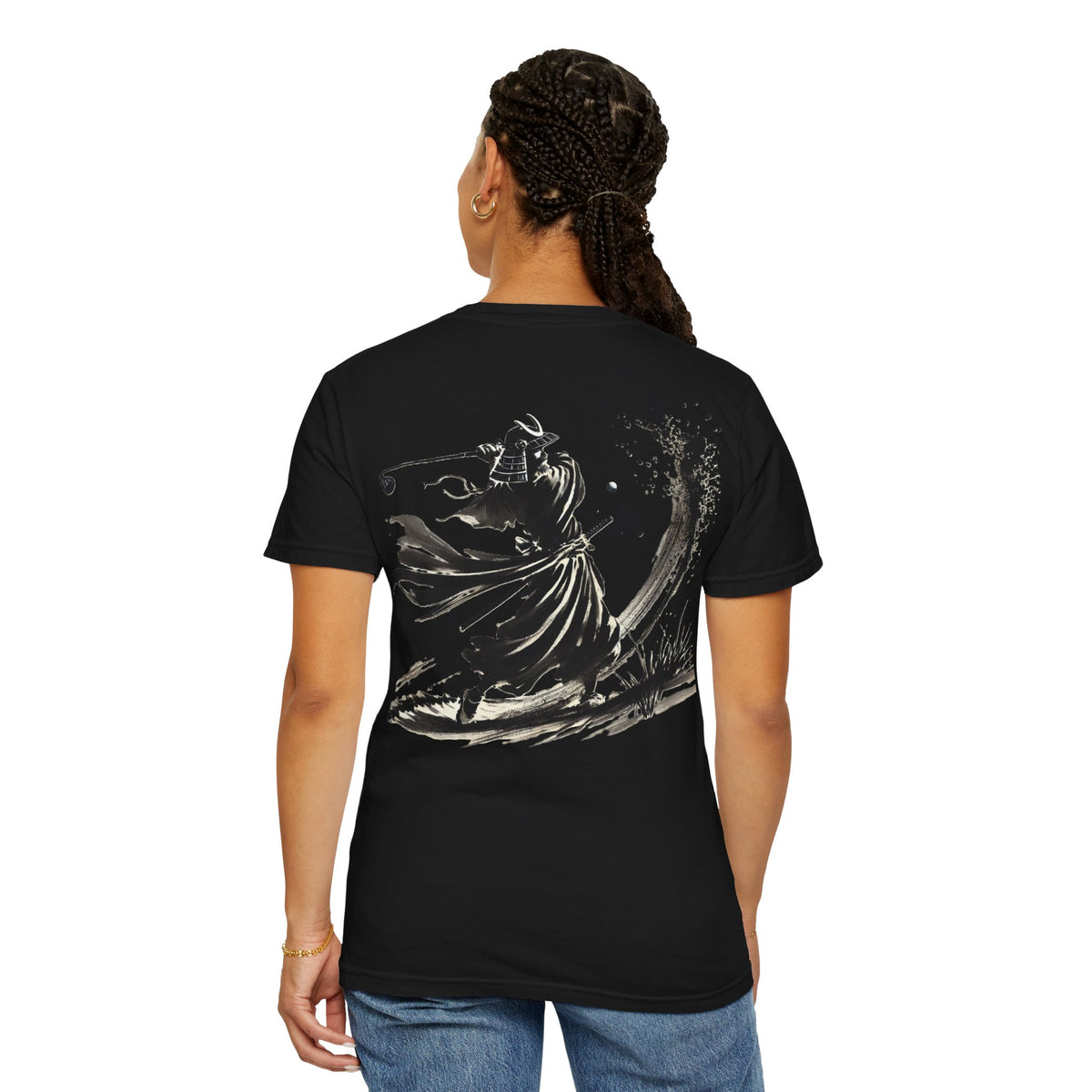 Brushstroke Bunker Blast Samurai Golfer Chest and Back Design Graphic T-Shirt