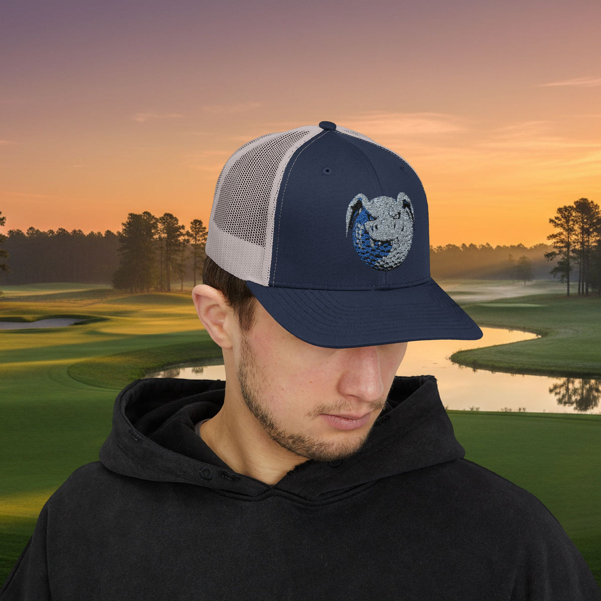 Embroidered Grey Stitched "Dragon Golf Ball" Trucker Cap