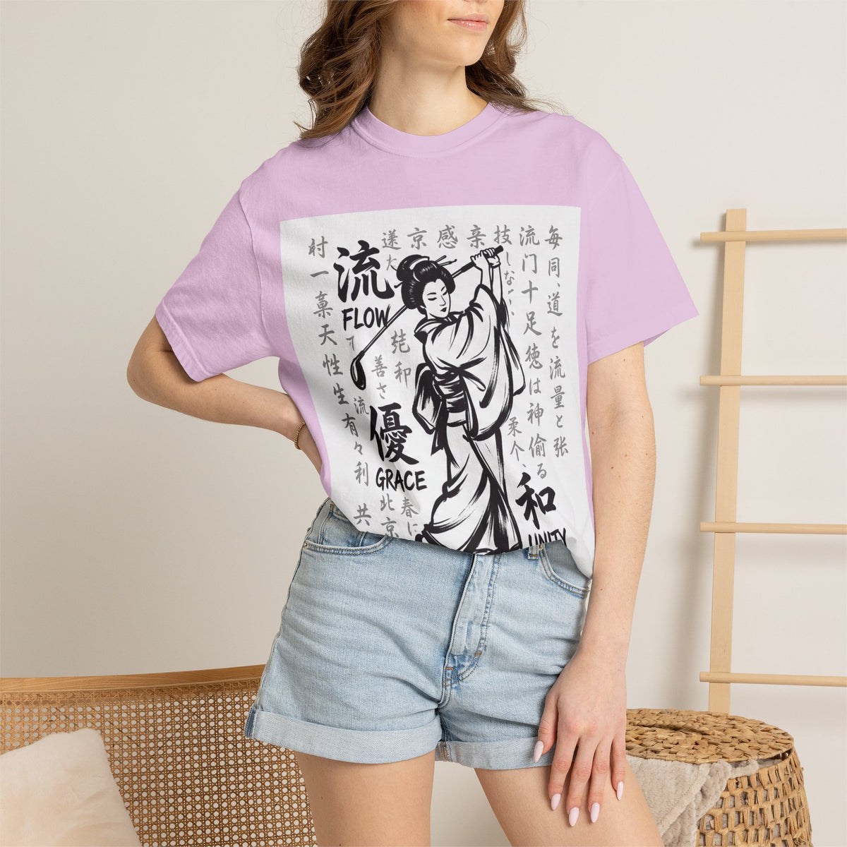 Flow, Grace, & Unity Geisha Golfer T-Shirt — Japanese Kanji Design