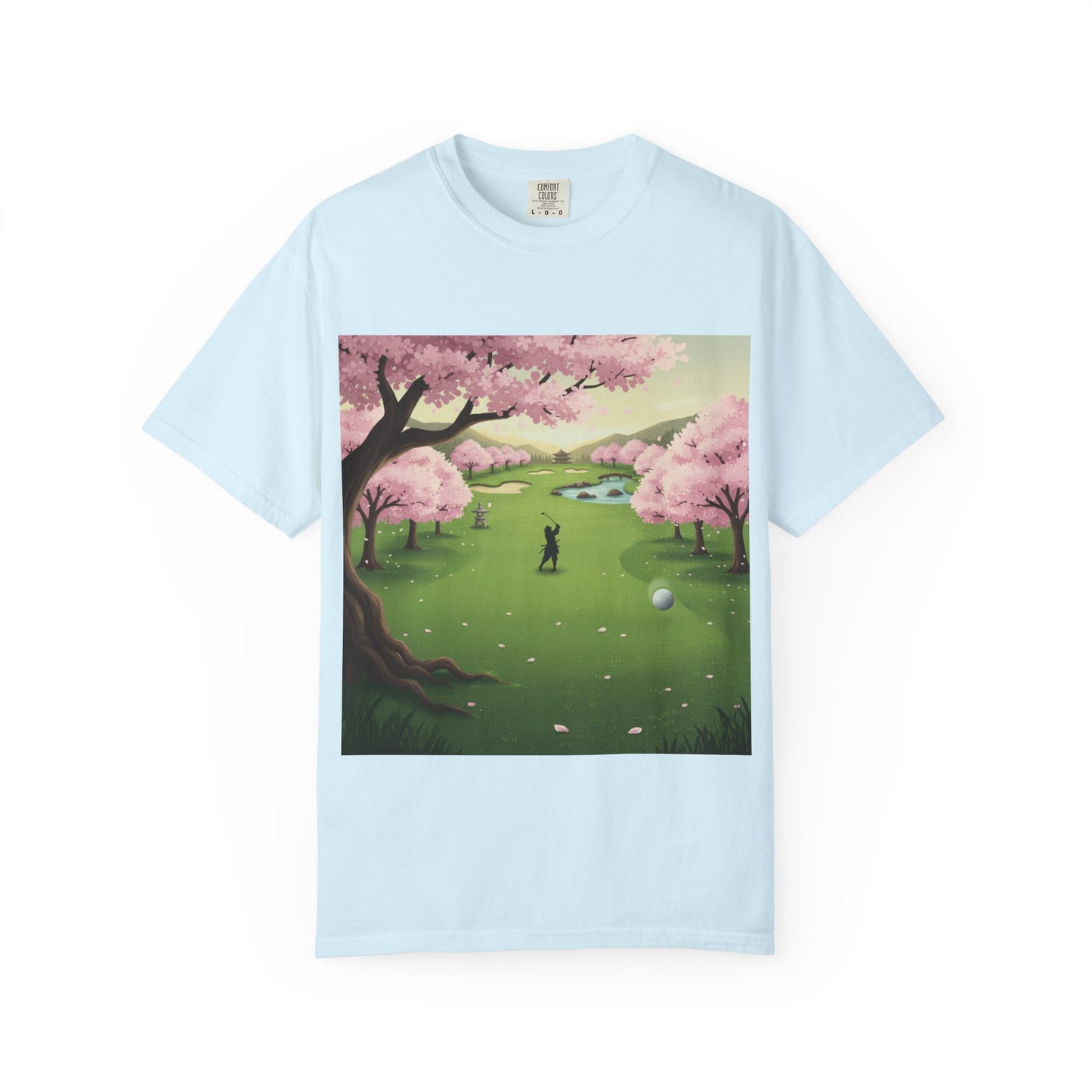 Zen Spot Golf Custom Golf Scenic Course Cherry Blossom Golfer Graphic T-Shirt
