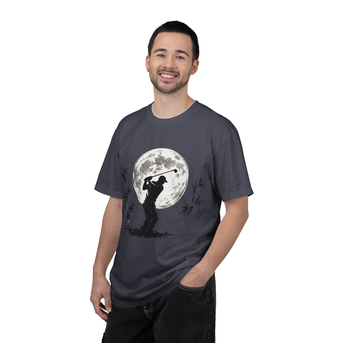 Moonlight Golfer T‑Shirt — Silhouette Golf Tee with Full Moon and Bamboo Design