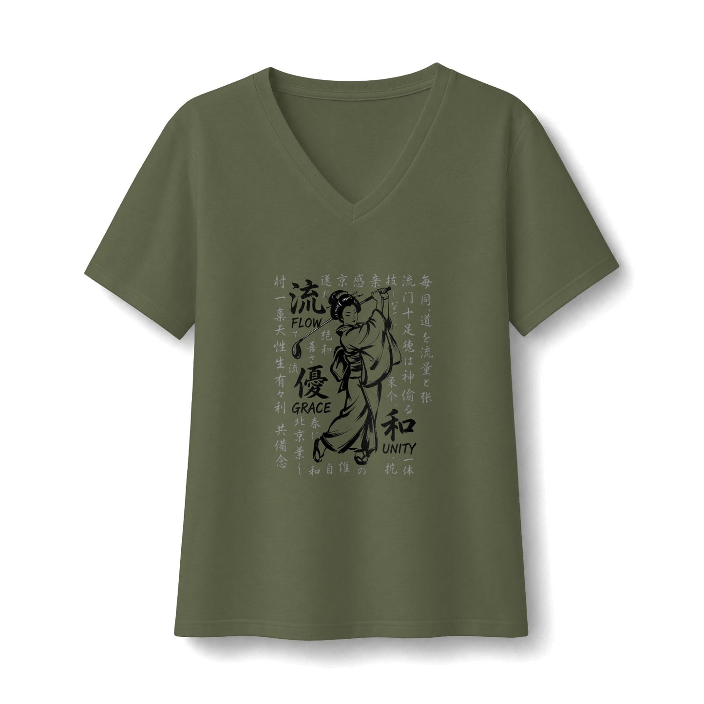 Zen Spot Golf Custom Geisha Kanji Flow, Grace, & Unity V-Neck Tee