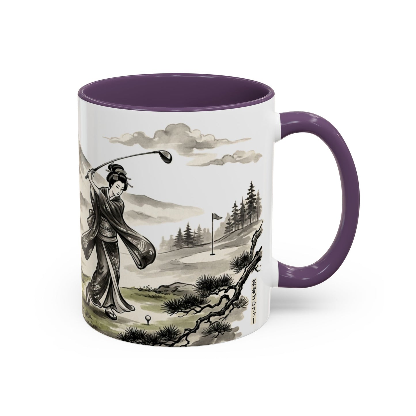 Zen Spot Golf Custom Japanese Golf Scene Accent Coffee Mug Ukiyo-e Style Golfing Geisha (11/15oz)