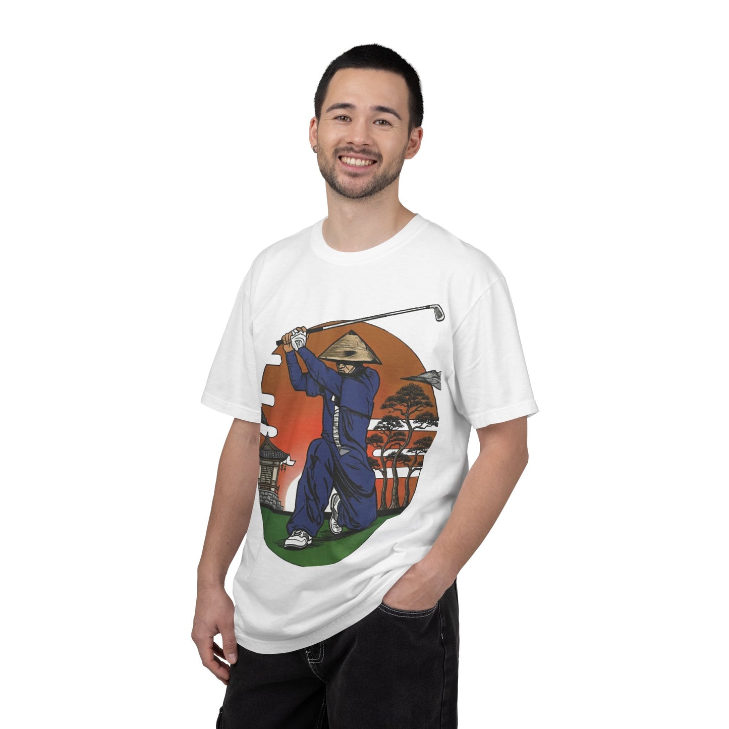 Zen Spot Golf Custom Vintage Sunset Samurai Golfer Graphic T‑Shirt