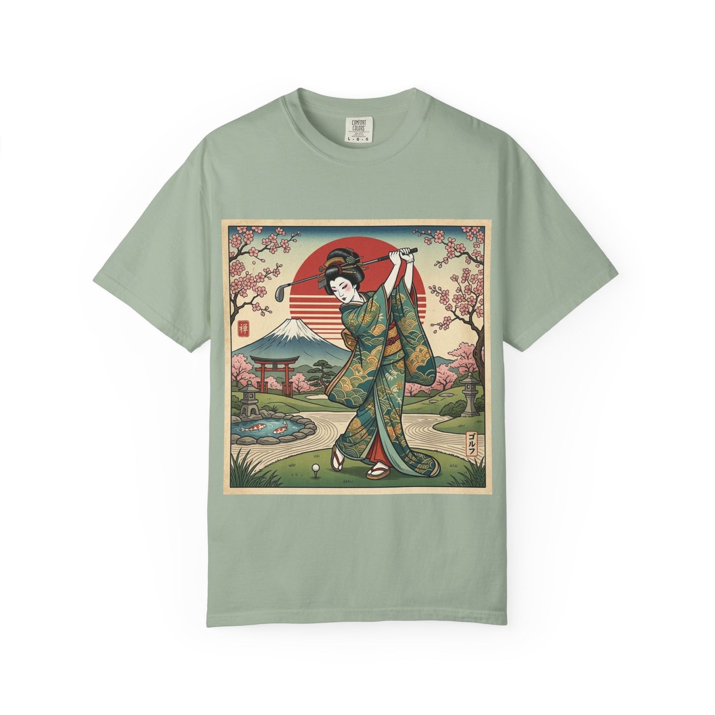 Zen Spot Golf Custom Vintage Japanese Kimono Geisha Golfer Sunset Graphic T-Shirt