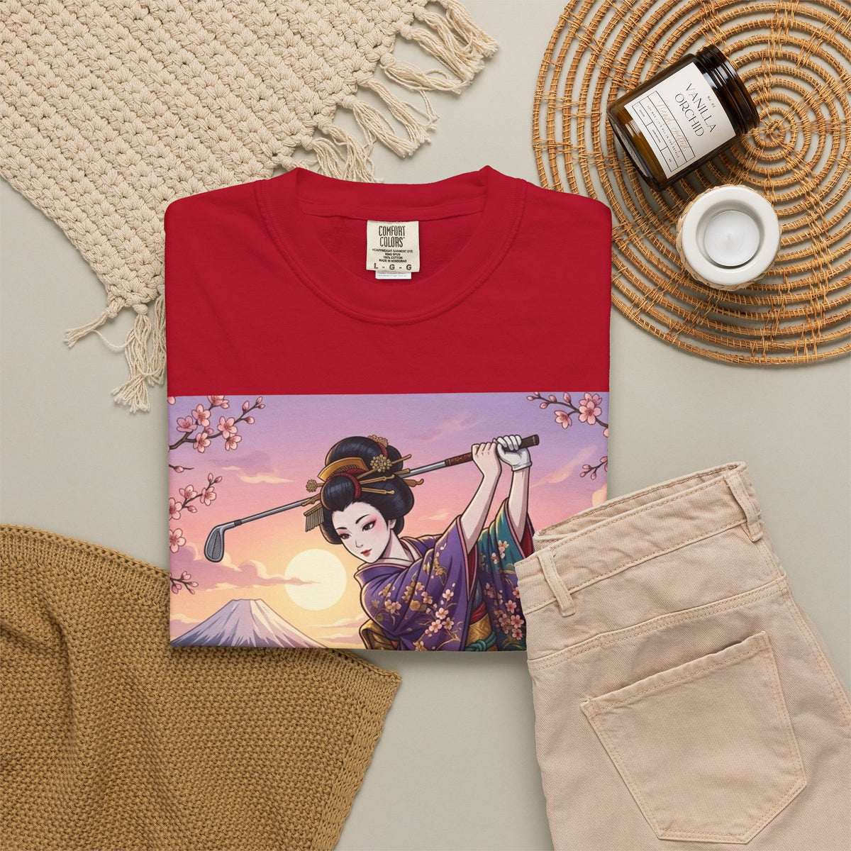 Geisha Golfer Garden T-Shirt — Japanese Kimono Sunset Art Tee