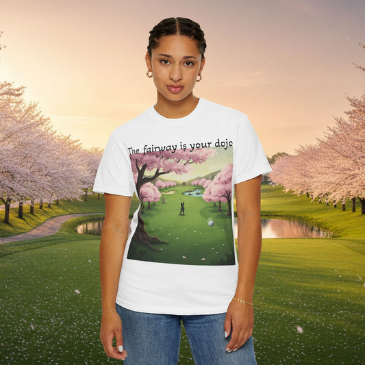 Mindfulness T-Shirt — "The fairway is your dojo" Cherry Blossom Graphic
