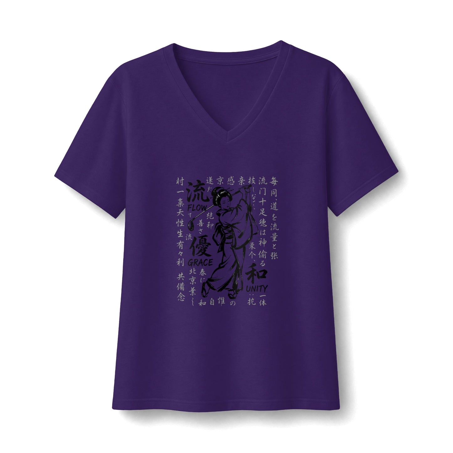 Zen Spot Golf Custom Geisha Kanji Flow, Grace, & Unity V-Neck Tee
