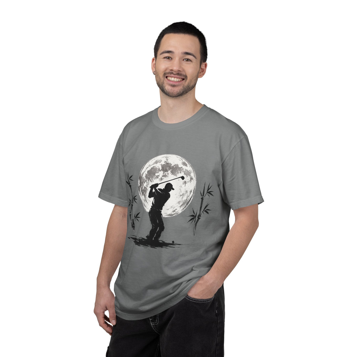Moonlight Golfer T‑Shirt — Silhouette Golf Tee with Full Moon and Bamboo Design