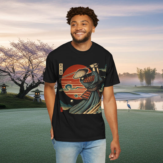 Samurai Golfer Sunset T-Shirt — Japanese Wave & Warrior Graphic Tee