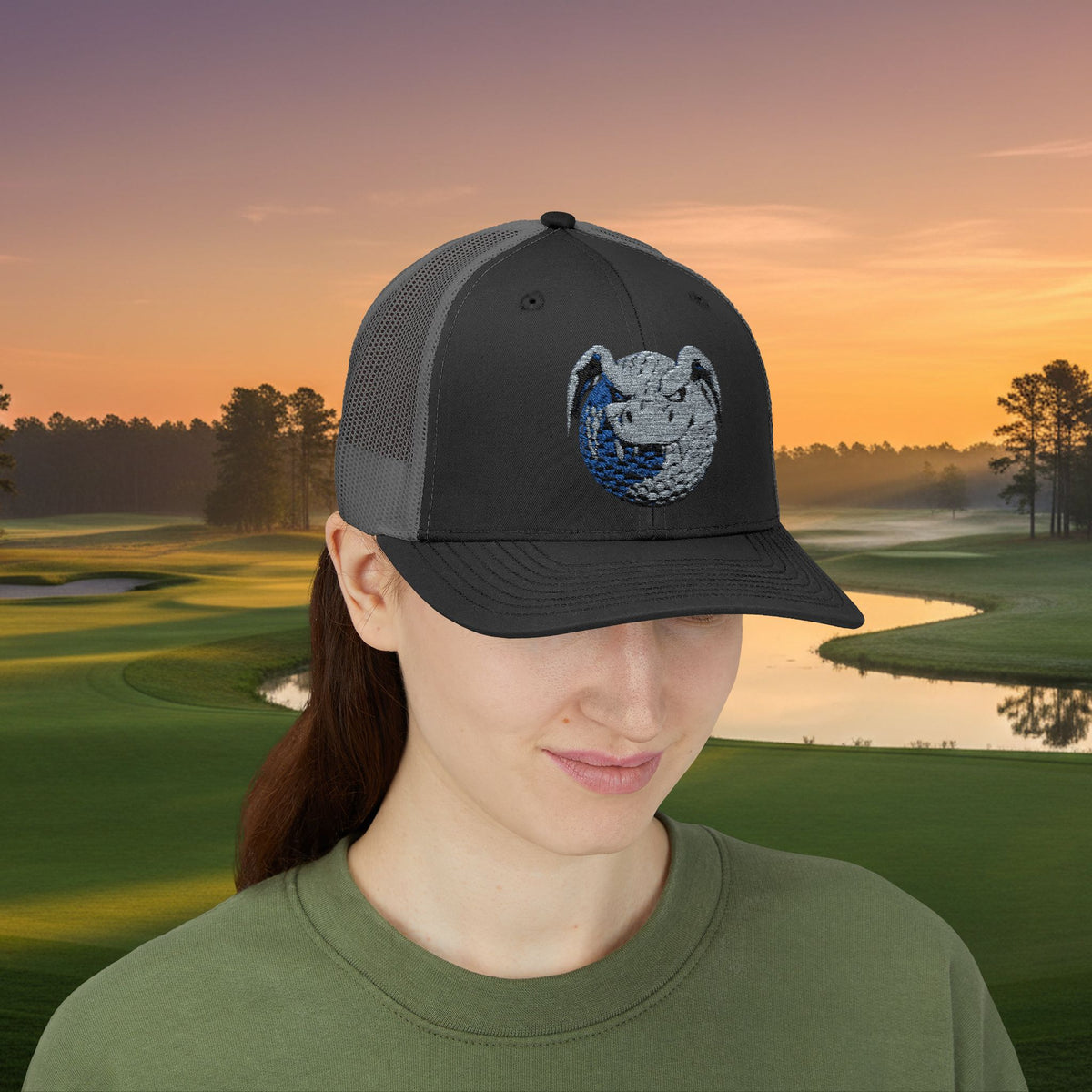 Embroidered Grey Stitched "Dragon Golf Ball" Trucker Cap