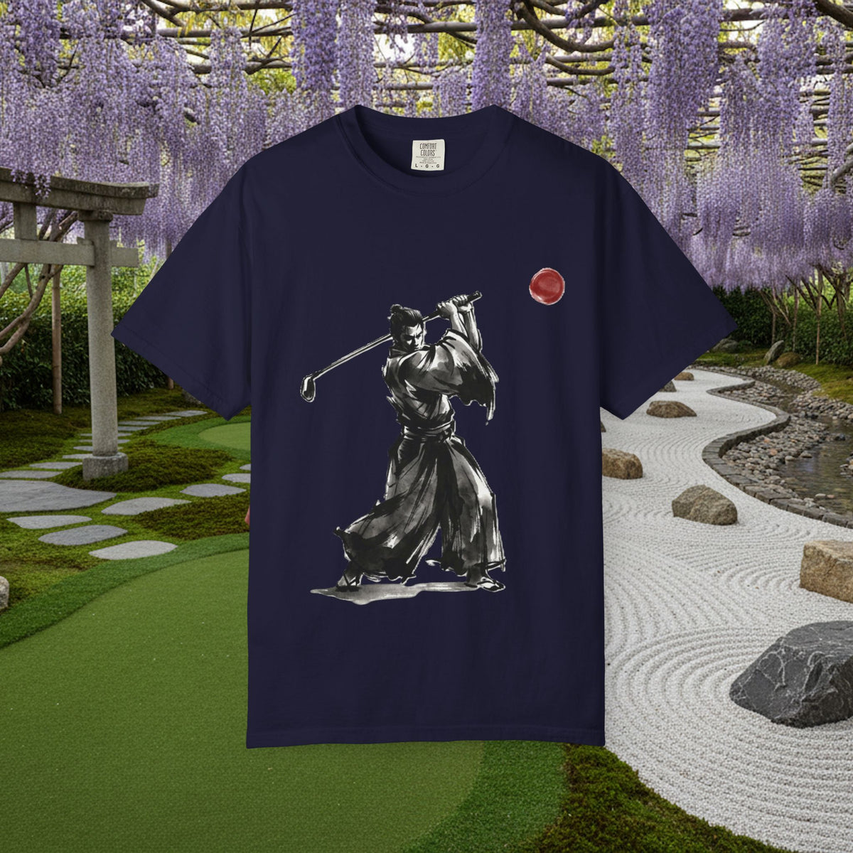 Samurai Golf T-Shirt — Sumi-e Brushstroke Golfer with Red Sun