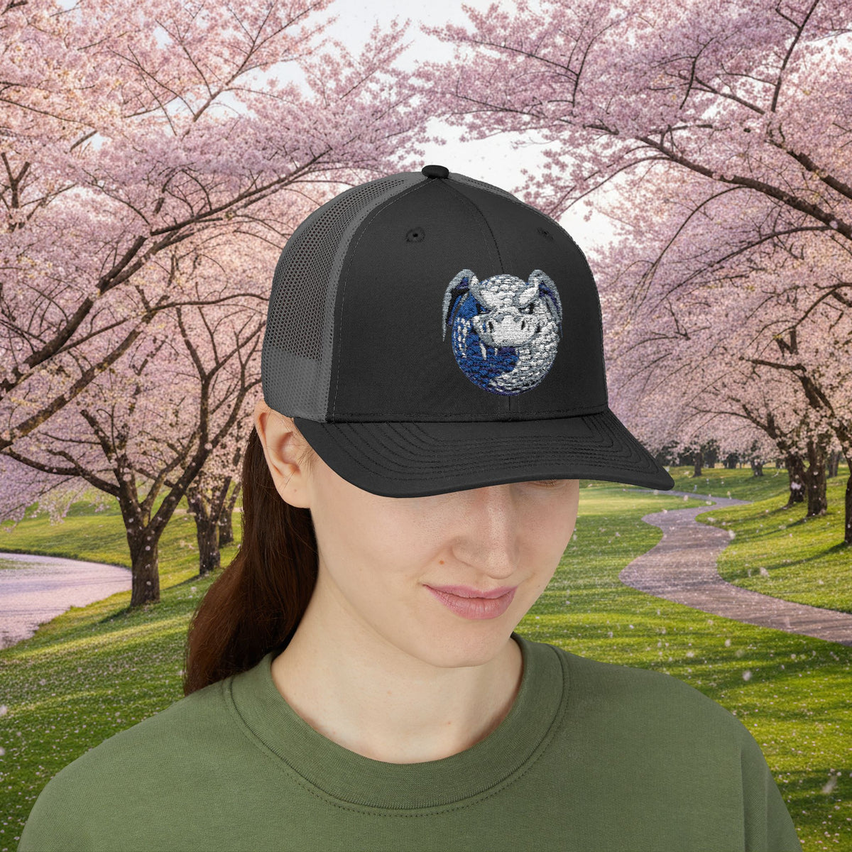 Embroidered White and Grey Stitched "Dragon Golf Ball" Trucker Cap