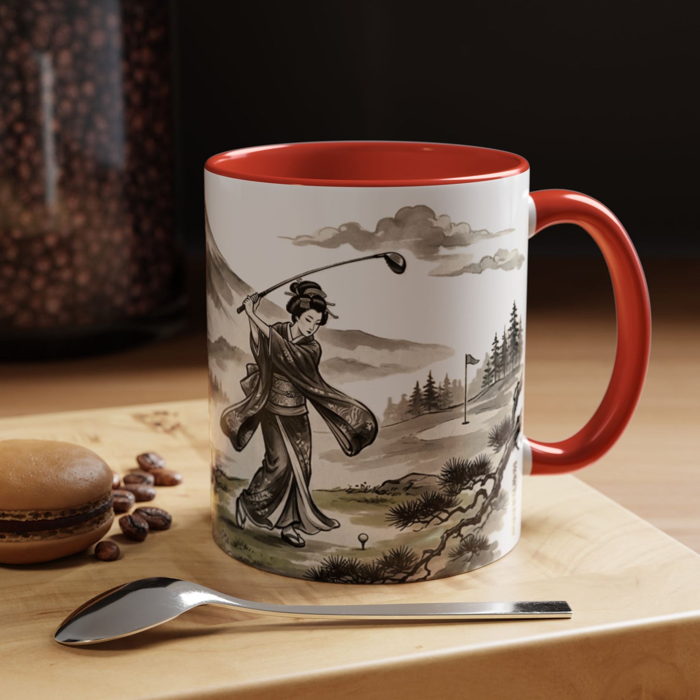 Zen Spot Golf Custom Japanese Golf Scene Accent Coffee Mug Ukiyo-e Style Golfing Geisha (11/15oz)