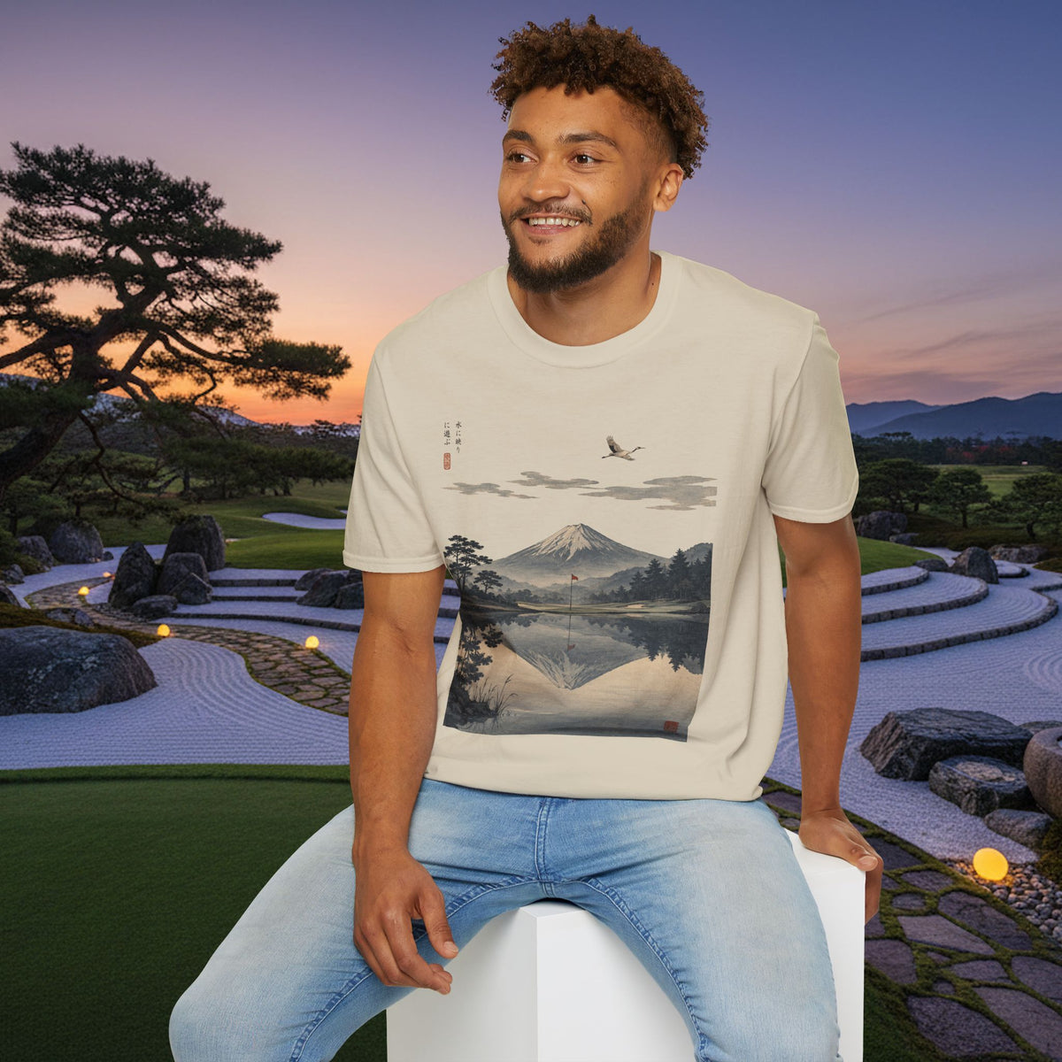 Mountain Golf Reflection T‑Shirt — Japanese Ukiyo‑Style Mount Fuji Golf Scenic Tee