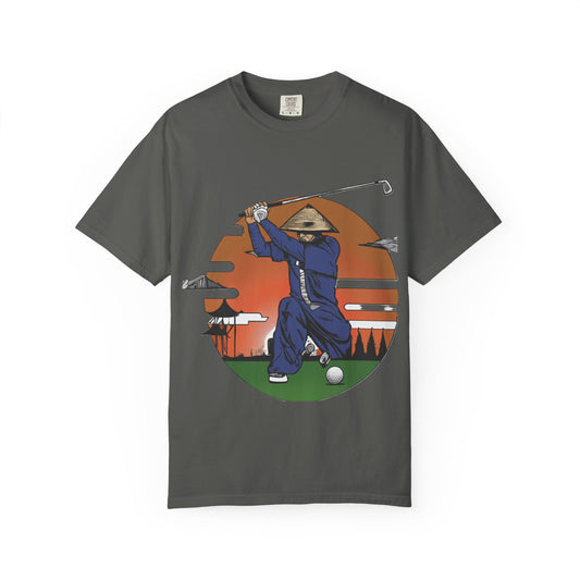Golf Samurai T‑Shirt — Vintage Sunset Golfer Graphic