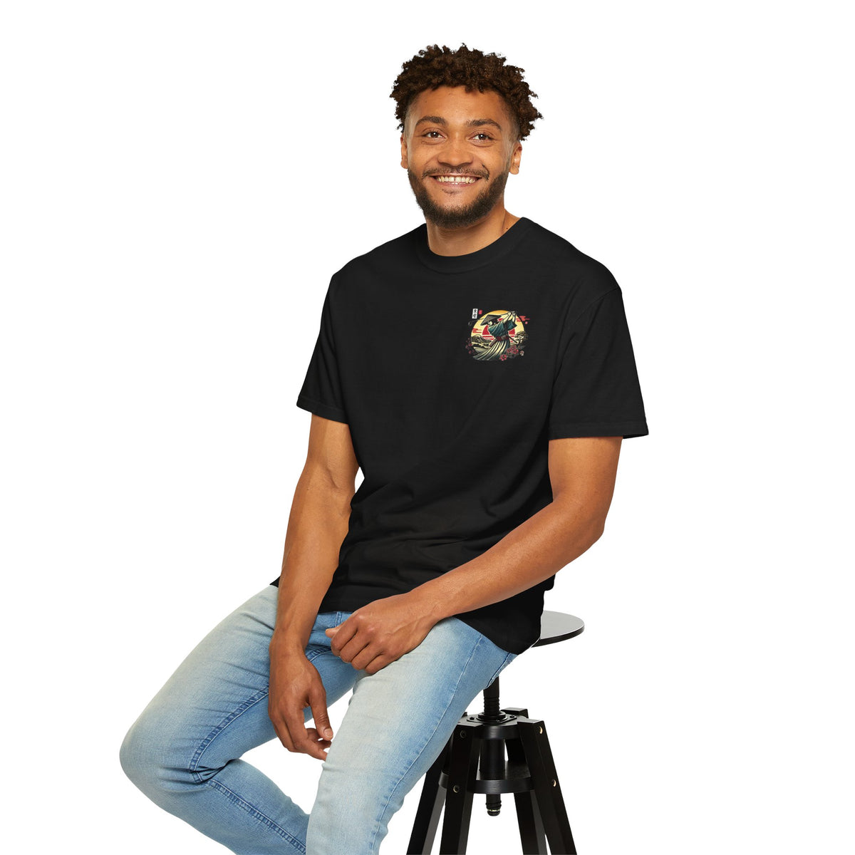 Samurai Golfer Sunset Chest and Back Design Graphic T-Shirt