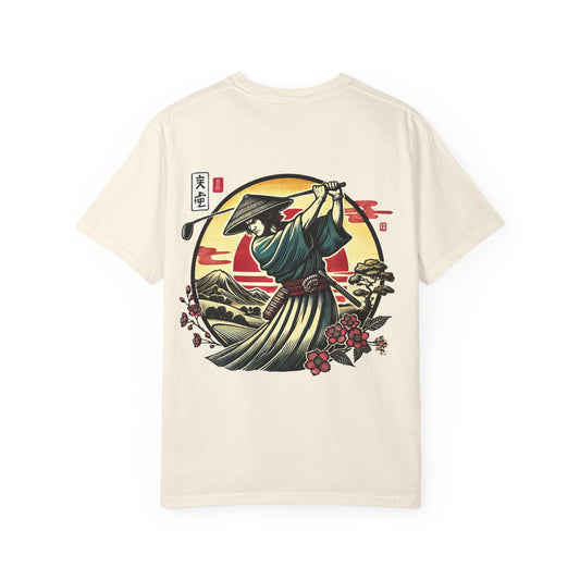 Zen Spot Golf Custom Japanese Warrior Samurai Golfer Sunset Graphic T-Shirt