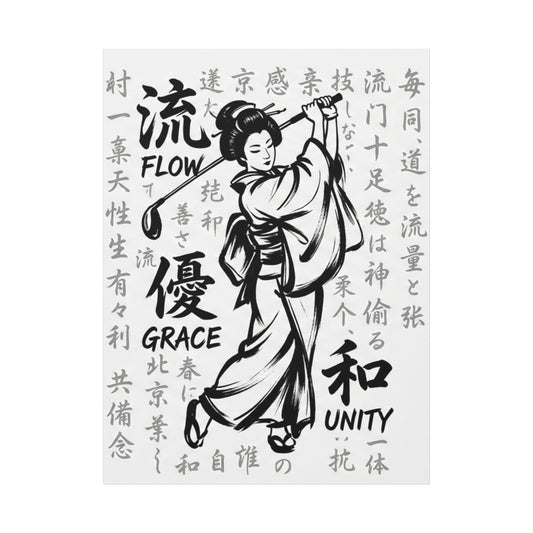 Geisha Golf Art Canvas — 'Flow, Grace, Unity' Stretched Matte Wall Decor