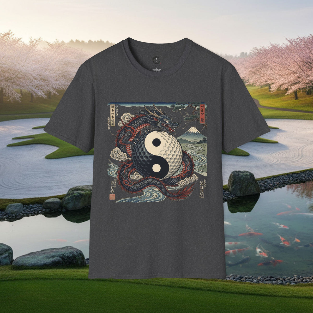 Yin Yang Dragon Golf T‑Shirt — Japanese Wave & Mt. Fuji Graphic Tee