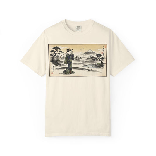 Zen Spot Customized Comfort Colors Japanese Ukiyo-e Landscape T-Shirt — Vintage Geisha & Mount Fuji Graphic Tee