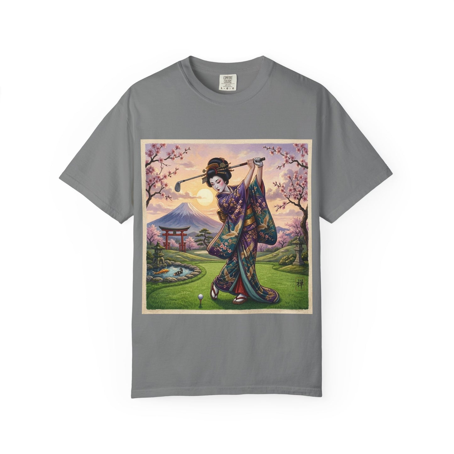 Zen Spot Customized Comfort Colors Geisha Golfing Sunset T-Shirt — Vintage Japanese Kimono Art Tee
