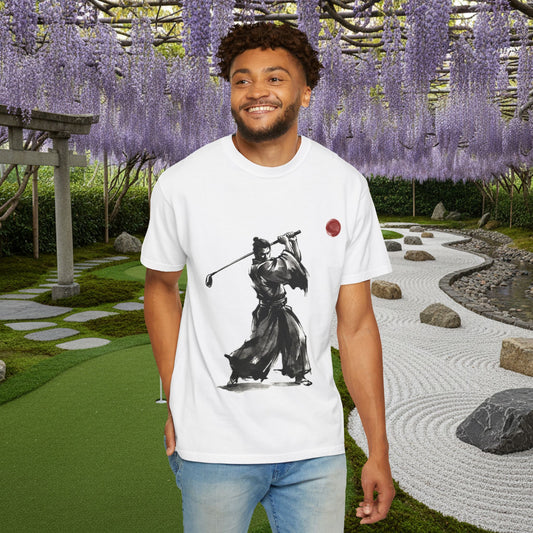 Samurai Golf T-Shirt — Sumi-e Brushstroke Golfer with Red Sun