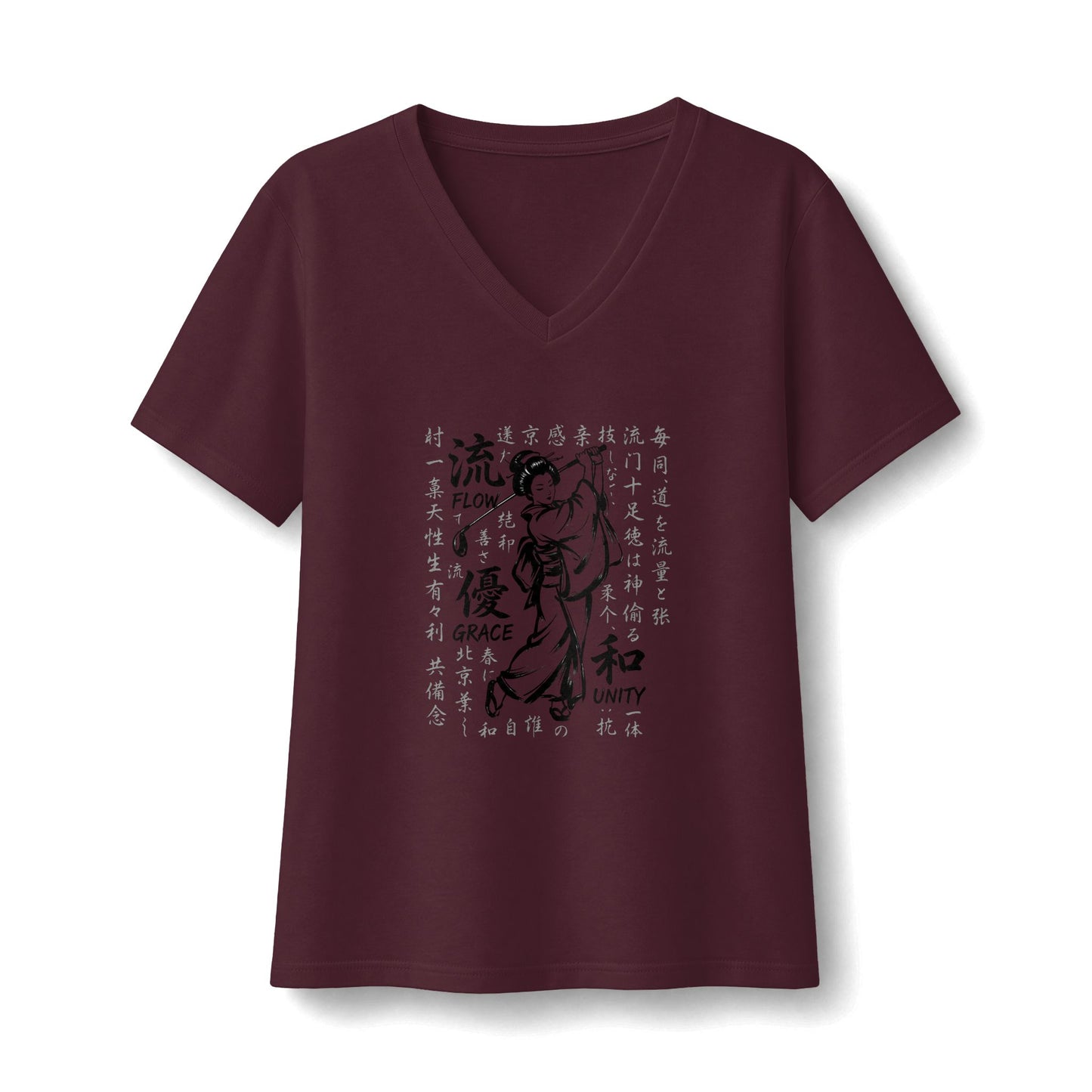 Zen Spot Golf Custom Geisha Kanji Flow, Grace, & Unity V-Neck Tee