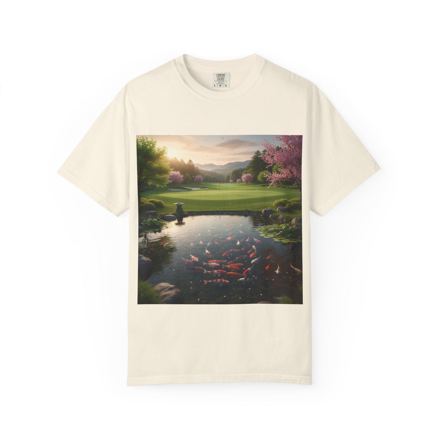 Zen Spot Golf Custom Zen Koi Pond Golf Course Sunset Graphic T-Shirt