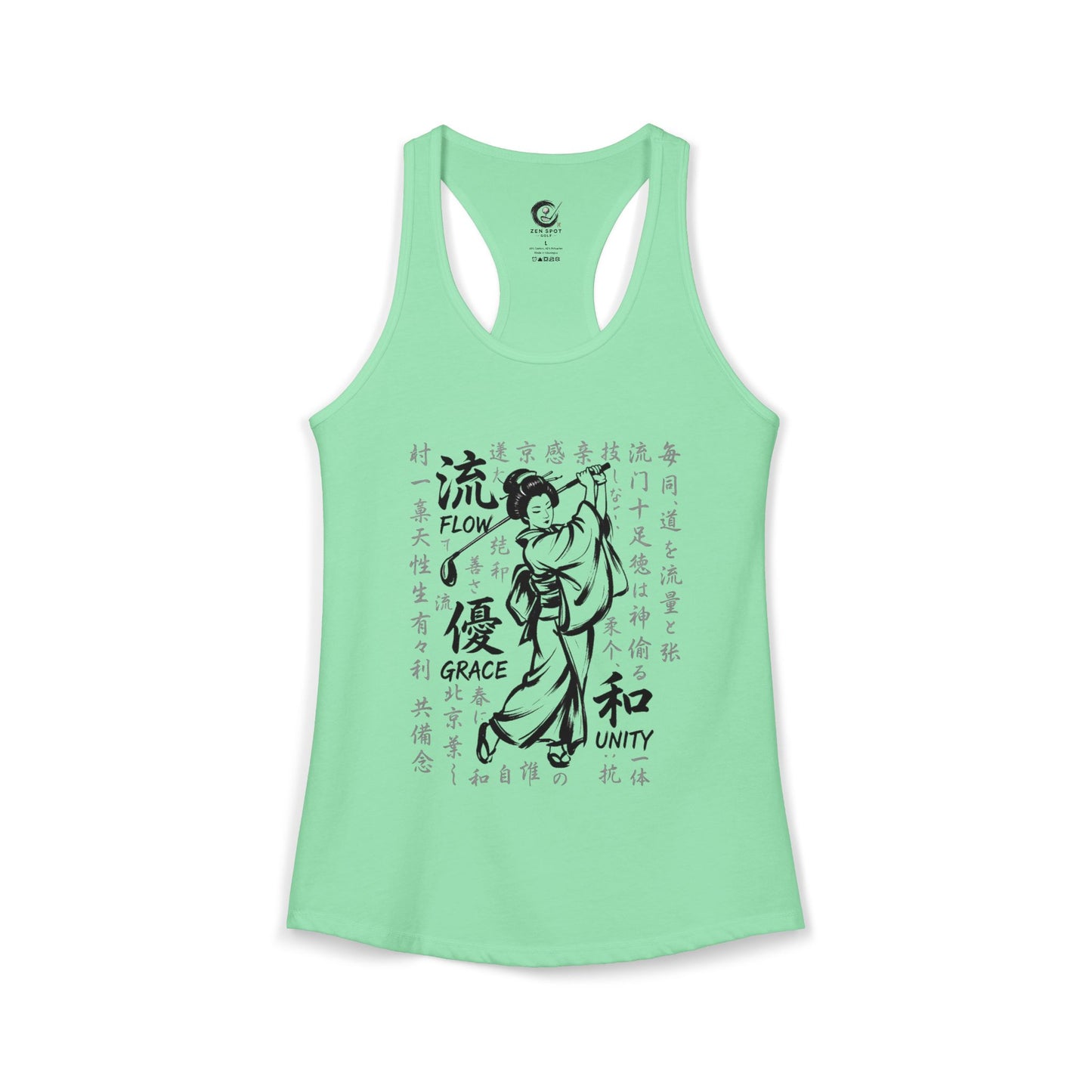 Zen Spot Golf Custom Geisha Golfer Kanji "Flow, Grace, and Unity" Women's Racerback Tank