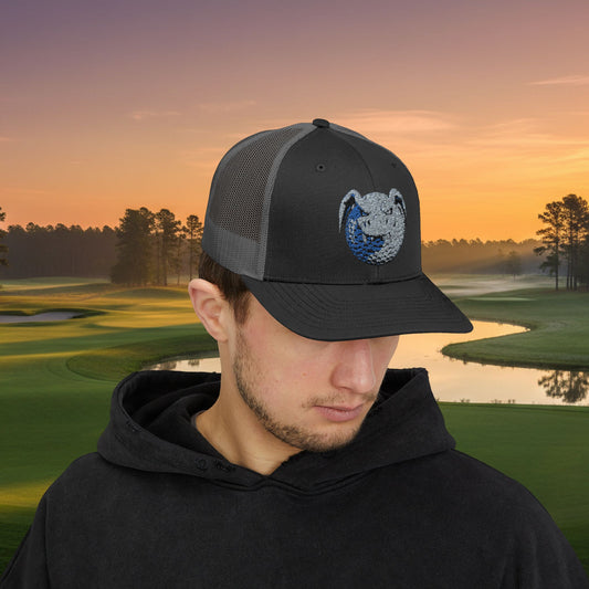 Embroidered Grey Stitched "Dragon Golf Ball" Trucker Cap