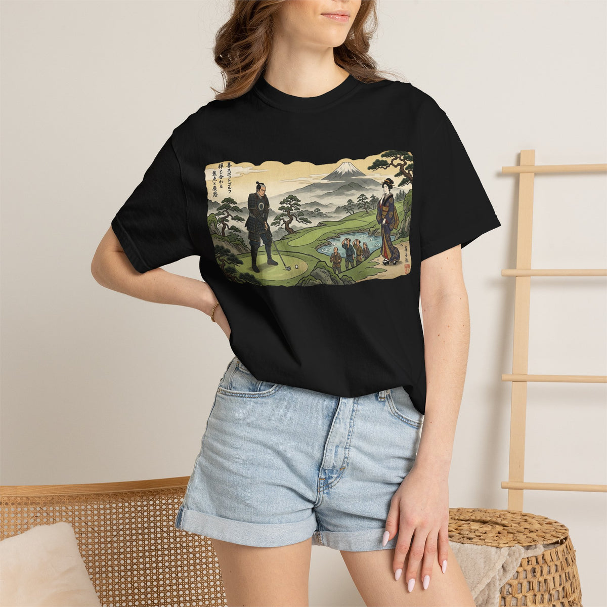 Vintage Samurai Golfer Mount Fuji Landscape Graphic T-Shirt