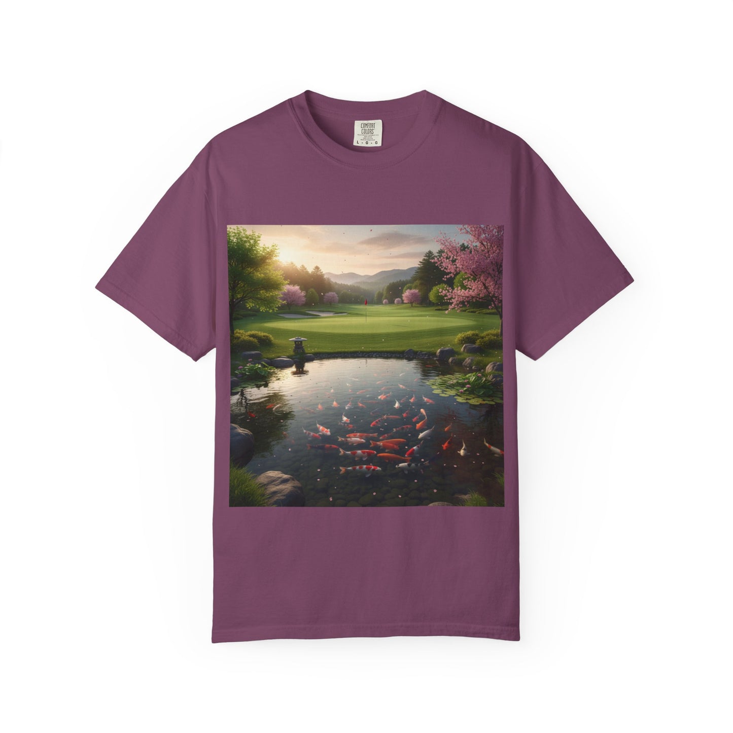 Zen Spot Golf Custom Zen Koi Pond Golf Course Sunset Graphic T-Shirt