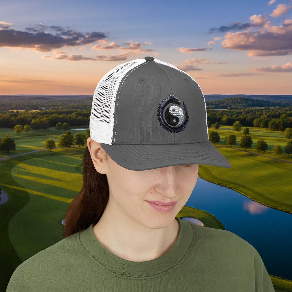 Embroidered Yin Yang Dragon Golf Ball Trucker Hat
