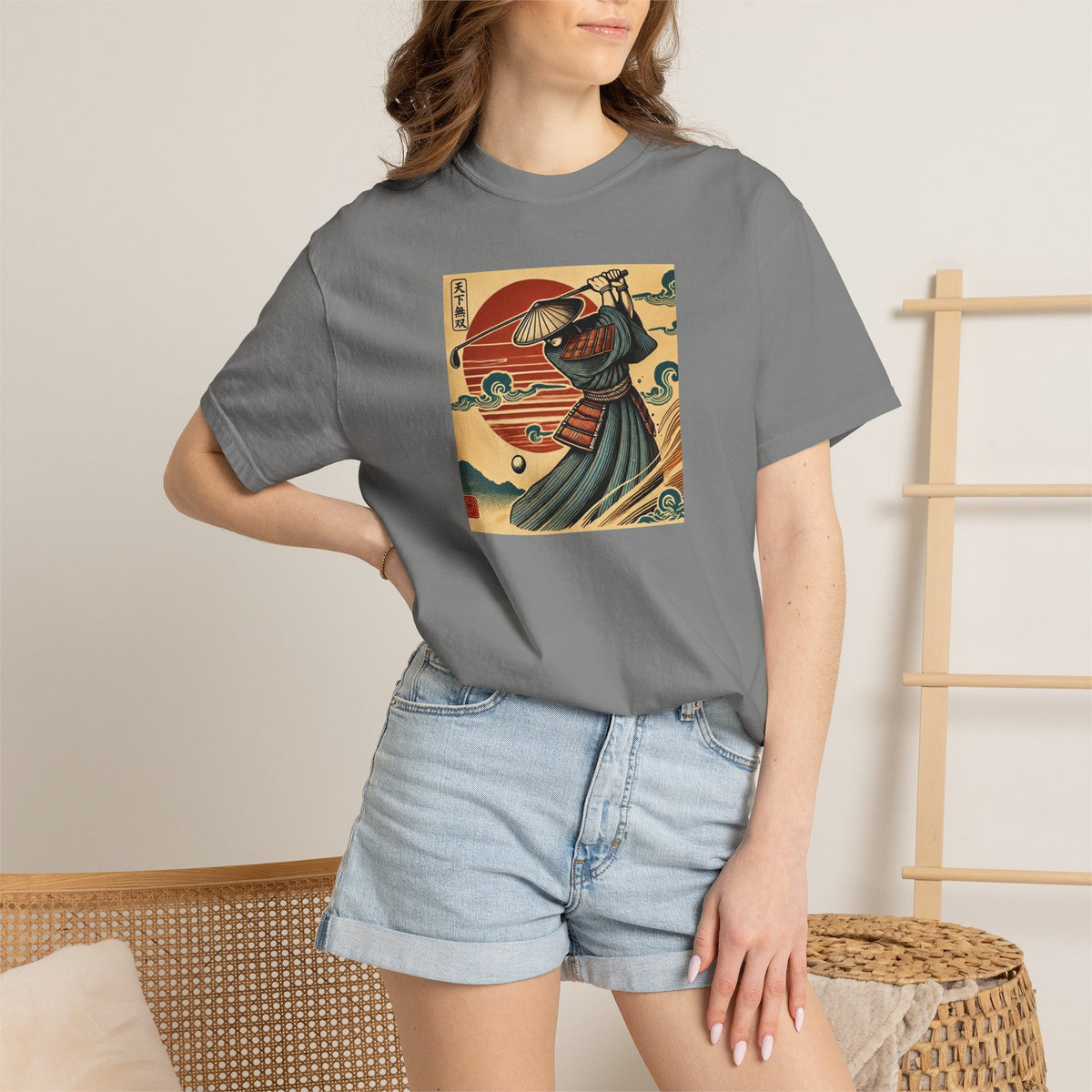 Vintage Japanese Samurai Golfer Sunset Graphic T-Shirt