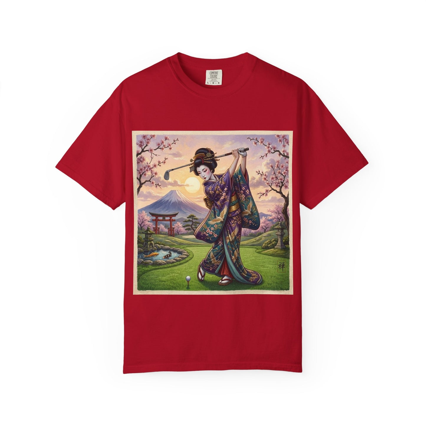 Zen Spot Customized Comfort Colors Geisha Golfing Sunset T-Shirt — Vintage Japanese Kimono Art Tee