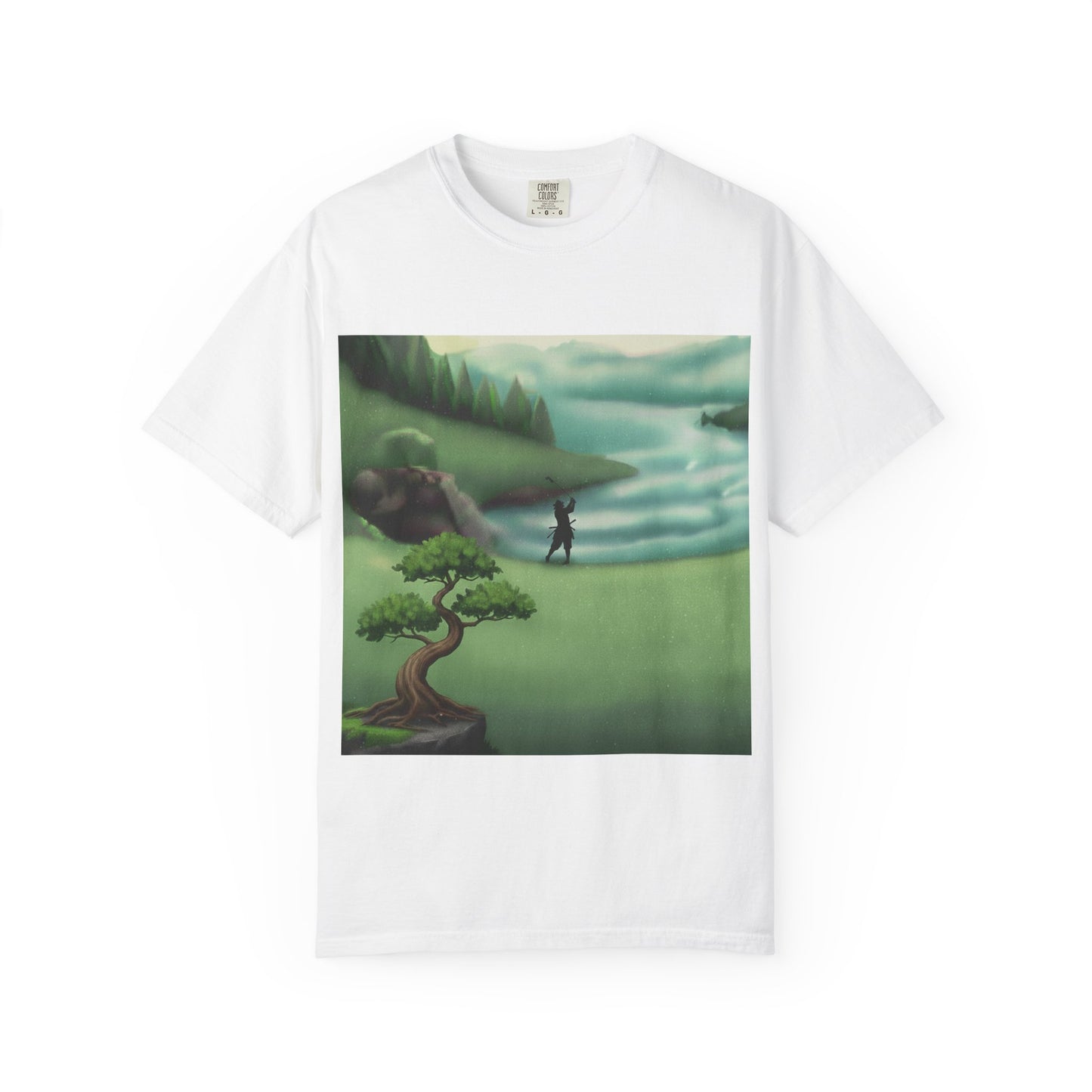 Golf Course Landscape T‑Shirt — Serene Golfer by Lake Graphic Tee